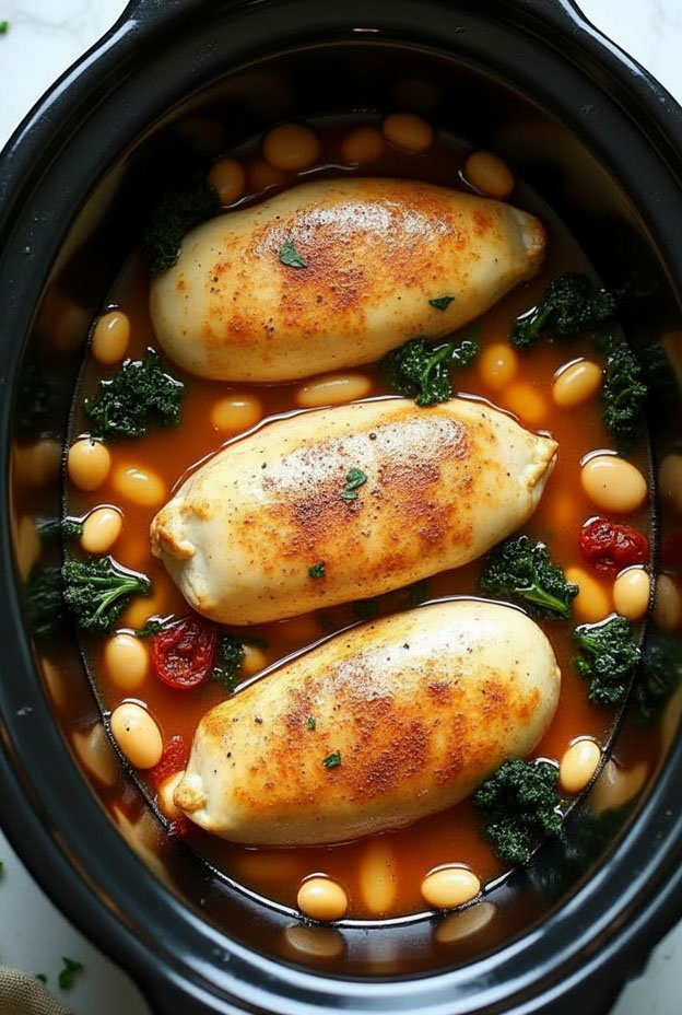Crockpot Tuscan White Bean Chicken with cannellini beans, kale, and sun-dried tomatoes, a healthy dinner option.
