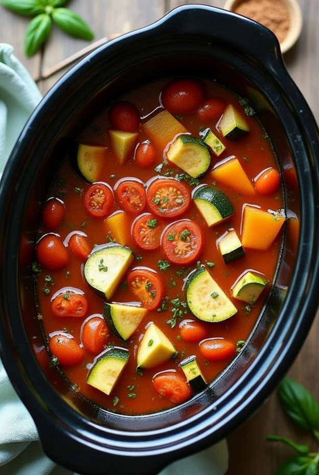 Slow-cooked zucchini and tomato stew in a black crockpot filled with fresh vegetables.