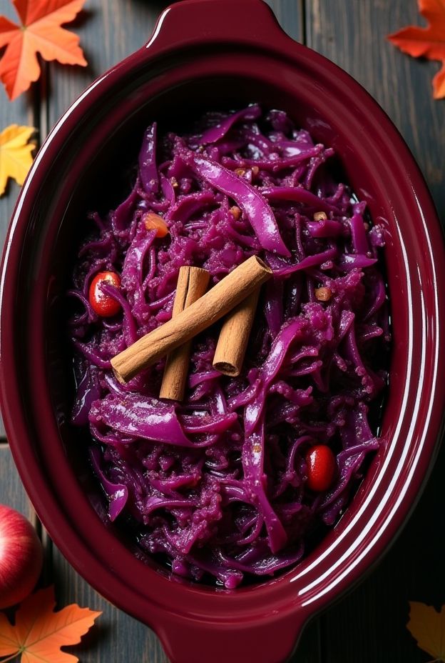 Delicious Apple Cider Braised Red Cabbage cooked in a crockpot with cinnamon sticks for a sweet and sour flavor.