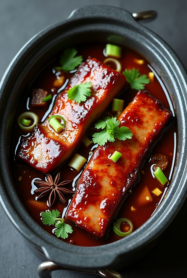 Succulent Asian Five-Spice Pork Belly in a crockpot, garnished with green onions and cilantro, showcasing rich flavors.