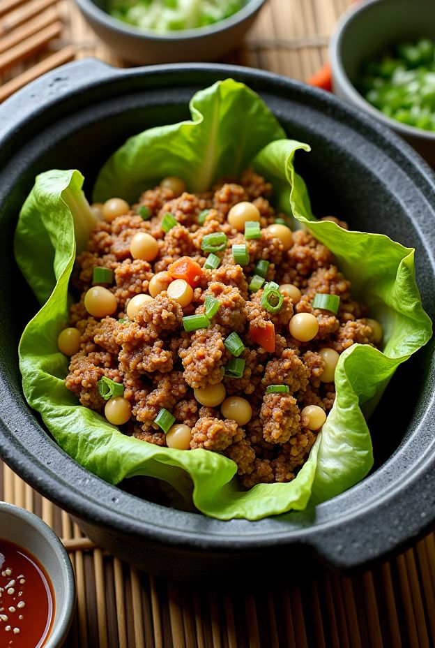Healthy Asian lettuce wraps with ground turkey, water chestnuts, and mushrooms in a crockpot.