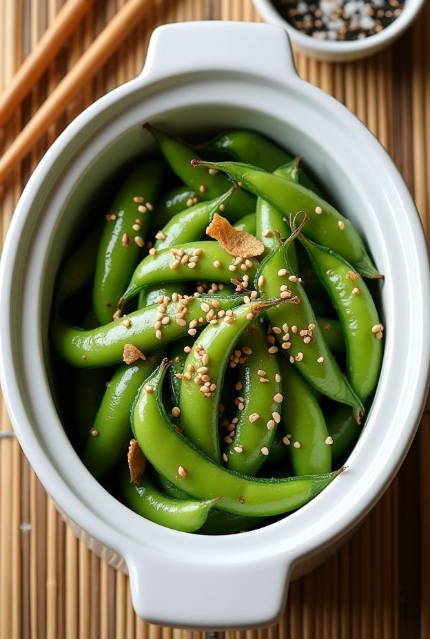 Crockpot recipe for Asian Sesame Edamame with ingredients like soy sauce and sesame oil for a healthy snack.