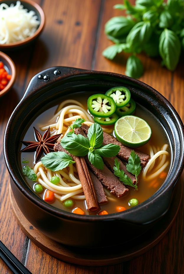 Aromatic beef pho noodle soup with fresh herbs, spices, and lime garnished elegantly in a dark bowl.