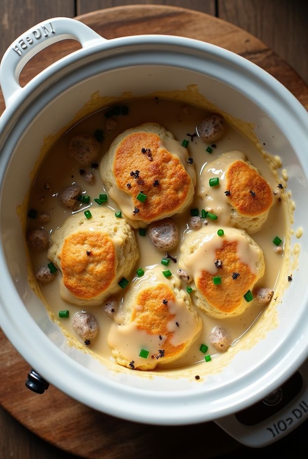 Crockpot Biscuits and Gravy Casserole perfect for Southern breakfast, features sausage gravy and fluffy biscuits.