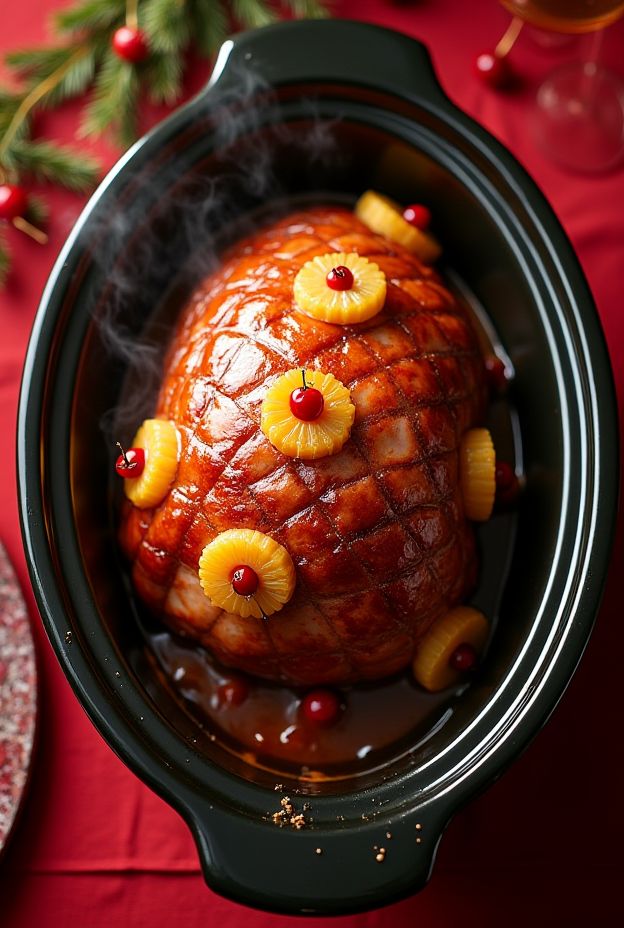 Brown Sugar Glazed Ham, slow-cooked with pineapple juice and cloves, a delicious holiday centerpiece.