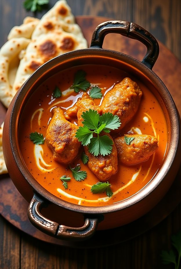 Creamy Butter Chicken served with Naan Dippers, garnished with fresh cilantro for an authentic Indian meal.