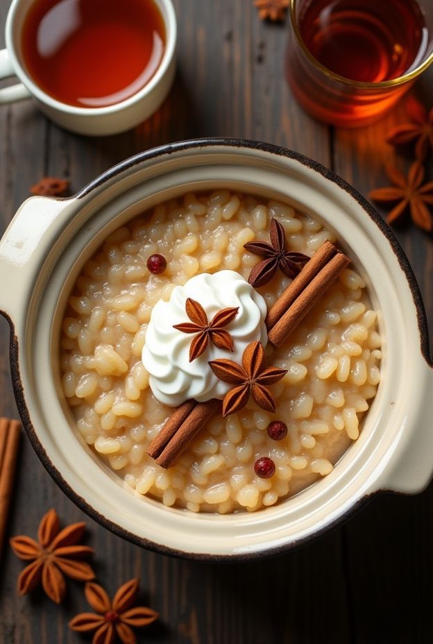 Chai Spice Rice Pudding with cream, spices, and tea in a cozy crockpot.