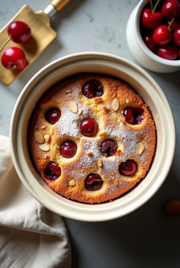 Cherry Almond Breakfast Cake made in a crockpot, featuring tender cake with cherries and sliced almonds.