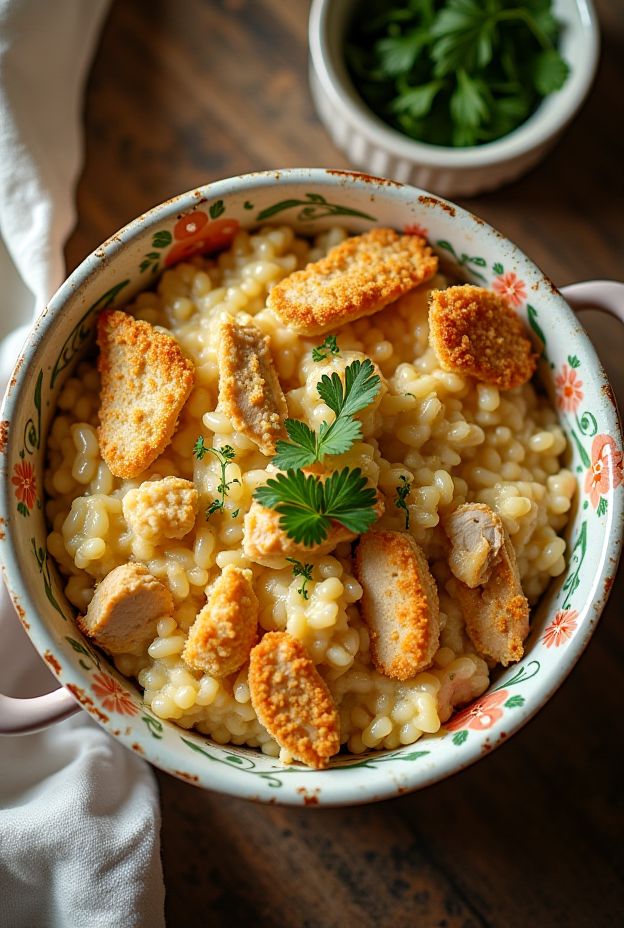 Creamy Chicken & Rice Hotdish with crunchy crackers, a classic Midwestern casserole for cozy family meals.