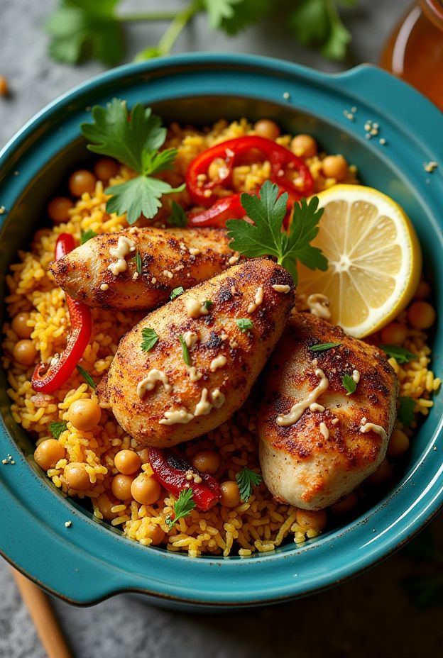 Healthy Chicken Shawarma Rice Bowl with turmeric rice, chickpeas, and tahini sauce made in a crockpot.