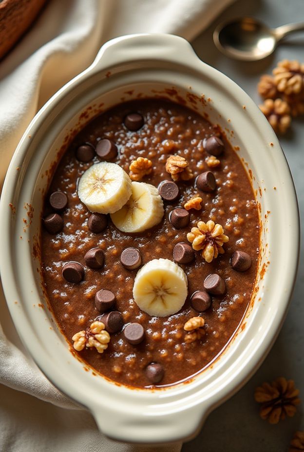Crockpot Chocolate Chip Banana Bread Oatmeal with chocolate chips and walnuts, perfect for breakfast or brunch.