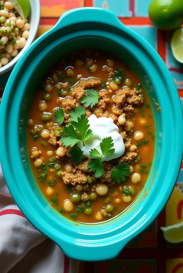 Crockpot Cilantro Lime Turkey Chili Verde with white beans, tomatillos, and fresh cilantro for a healthy meal option.