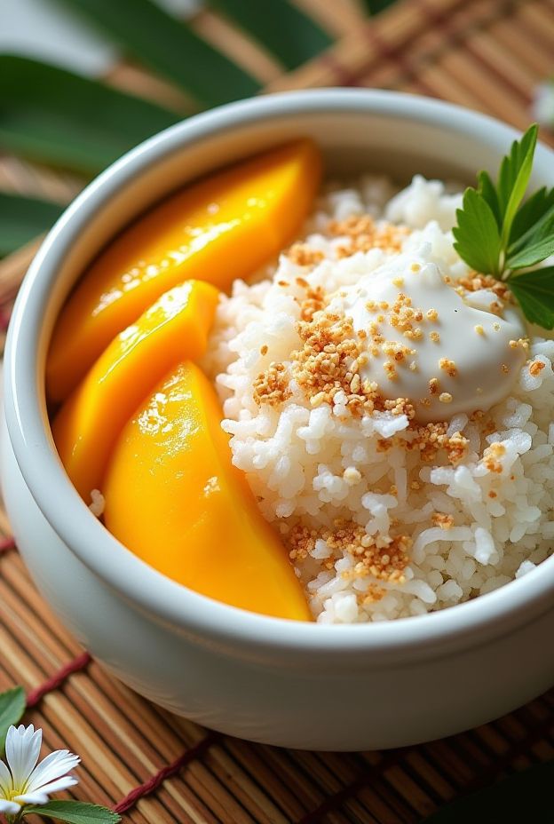 Crockpot Coconut Mango Sticky Rice - Thai-inspired dish with creamy coconut milk and ripe mangoes for breakfast.