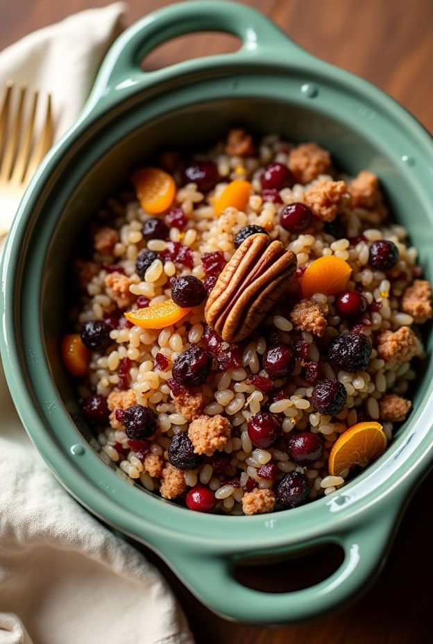 Crockpot Cranberry Orange Wild Rice Pilaf topped with pecans and orange slices for a festive presentation.