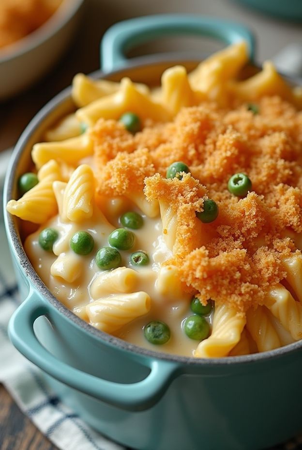 Creamy Tuna Noodle Casserole with egg noodles, peas, and crunchy potato chips in a blue crockpot.