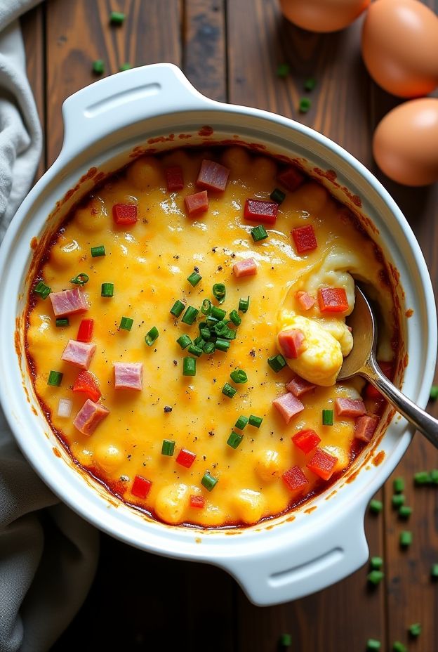 Crockpot Denver Omelet Casserole with eggs, ham, peppers, onions, and cheddar cheese, perfect for breakfast.