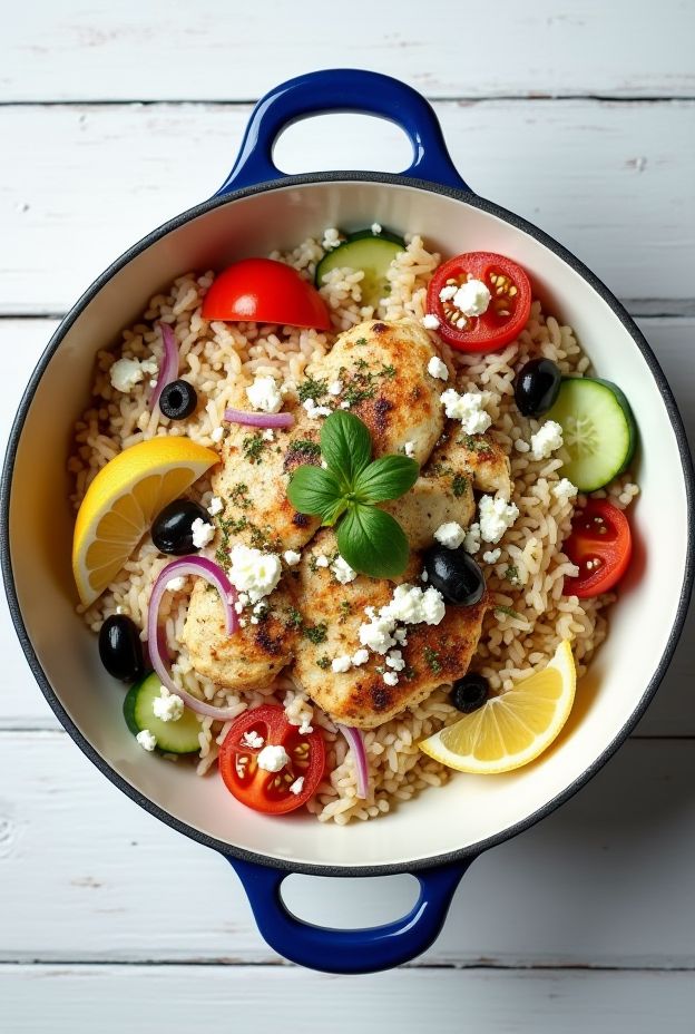 Crockpot Greek Chicken Souvlaki Rice with tomatoes, cucumbers, and feta for a wholesome Mediterranean meal.