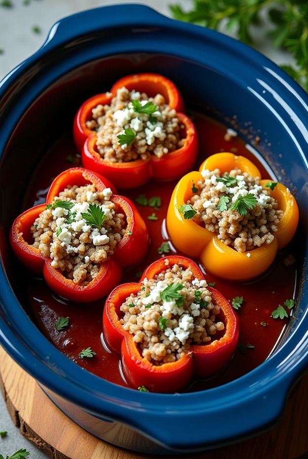 Greek Turkey Stuffed Peppers featuring ground turkey, brown rice, and feta cheese cooked in a crockpot for a nutritious meal.