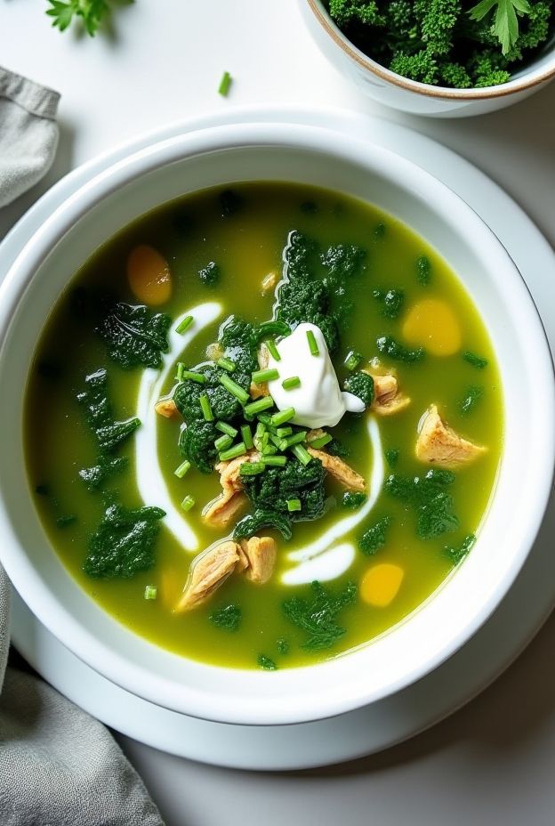 Green Goddess Chicken Soup made in a crockpot with spinach, kale, leeks, and chicken, garnished with herbs.