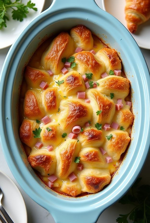 Crockpot Ham & Swiss Croissant Casserole with melted cheese and golden croissants, perfect for brunch.