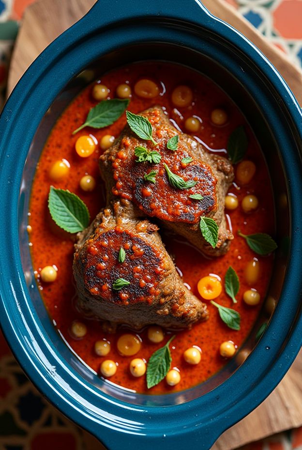 Harissa Lamb Shoulder with chickpeas and apricots in a vibrant, flavorful sauce, perfect for cozy dinners.