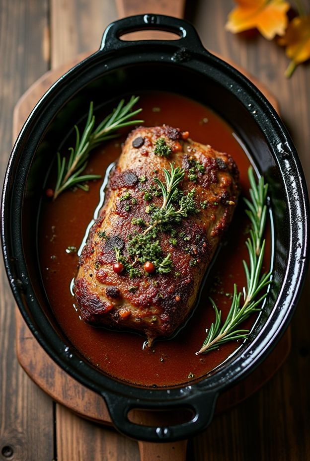 Savory herb-crusted venison roast cooked in a crockpot with aromatic herbs.