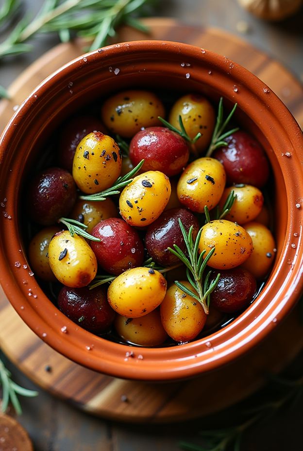 Herb Roasted Fingerling Potatoes cooked in crockpot with rosemary, thyme, garlic, and olive oil.