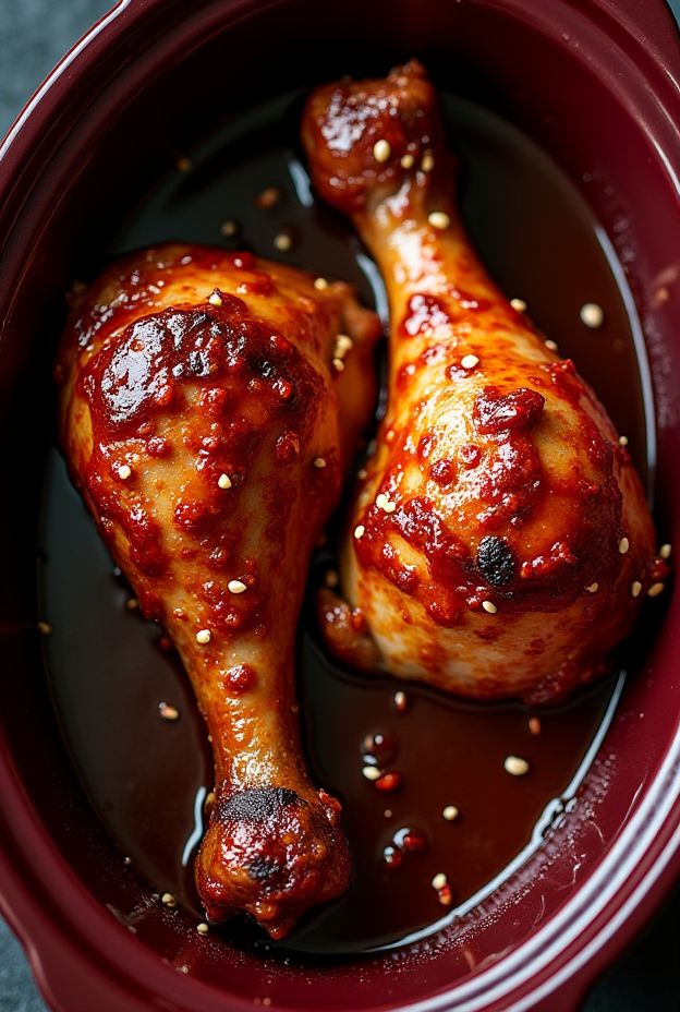Honey Sriracha glazed turkey legs in a crockpot, featuring a shiny glaze and garnished with sesame seeds.