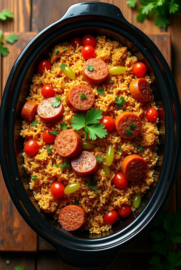 Hearty Crockpot Jambalaya featuring chicken, andouille sausage, rice, and vibrant vegetables cooked to perfection.