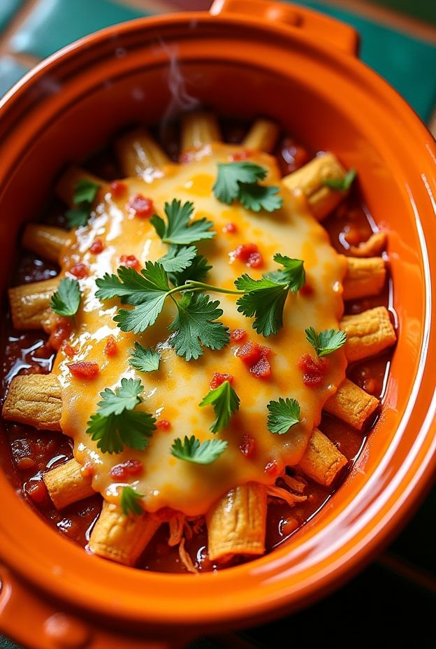 King Ranch Chicken Casserole featuring layers of chicken, tortillas, cheese, and green chilies in a crockpot.