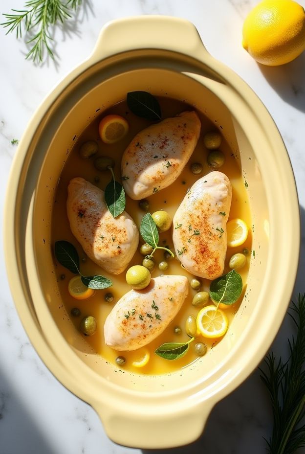Lemon Artichoke Chicken in a crockpot with skinless chicken breasts, lemon slices, and artichoke hearts.
