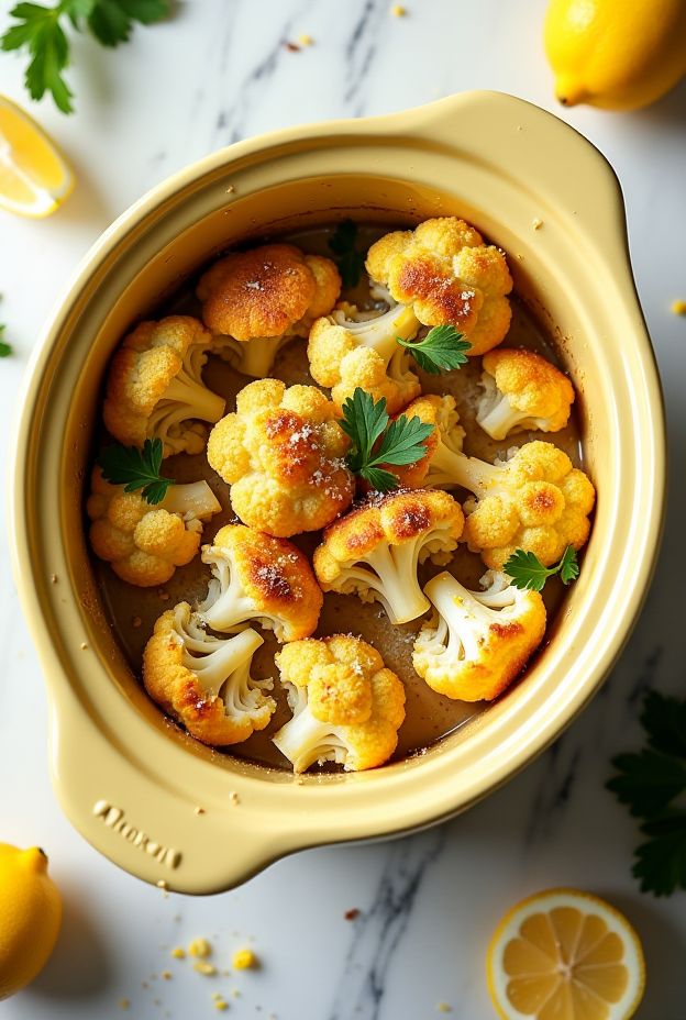 Delicious Lemon Parmesan Roasted Cauliflower cooked in a crockpot for an easy, healthy side dish.