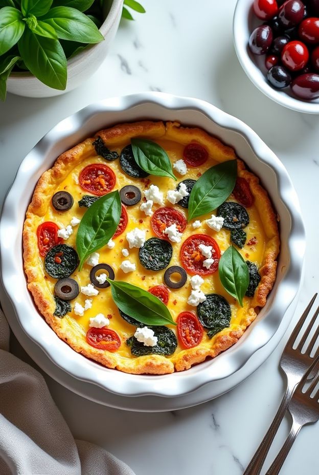 Mediterranean Veggie Quiche: crustless egg bake with sun-dried tomatoes, olives, feta cheese, and fresh basil.