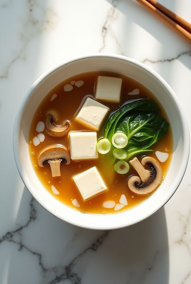 A steaming bowl of Miso Ginger Tofu & Vegetable Soup with silken tofu, mushrooms, and bok choy in a light broth.