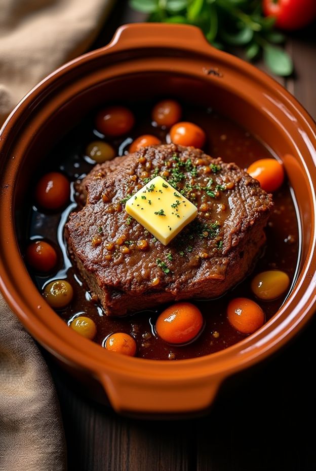 Crockpot Mississippi Pot Roast with ranch seasoning, pepperoncini peppers, and butter for a rich, tangy flavor.