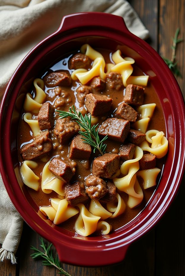 Slow-cooked Old-Fashioned Beef & Noodles featuring tender beef chuck and egg noodles in savory gravy.