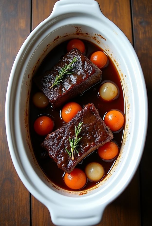 Succulent Red Wine Braised Short Ribs slow-cooked with root vegetables and herbs in a crockpot.