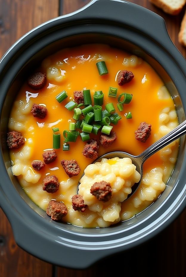 Savory sausage and cheddar grits made in a crockpot, topped with green onions for added flavor.