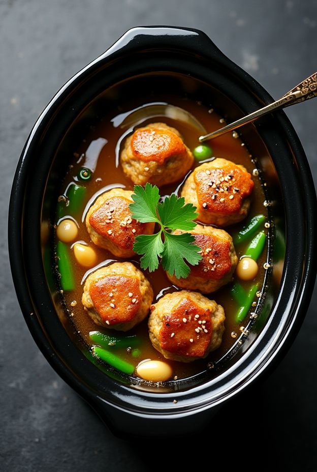 Crockpot Sesame Ginger Turkey Meatballs in a light broth with snow peas and water chestnuts, garnished with cilantro.
