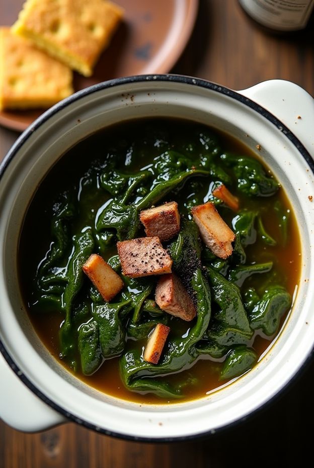 Southern-style collard greens slow-cooked with smoked ham hock, vinegar, and seasonings in a crockpot.