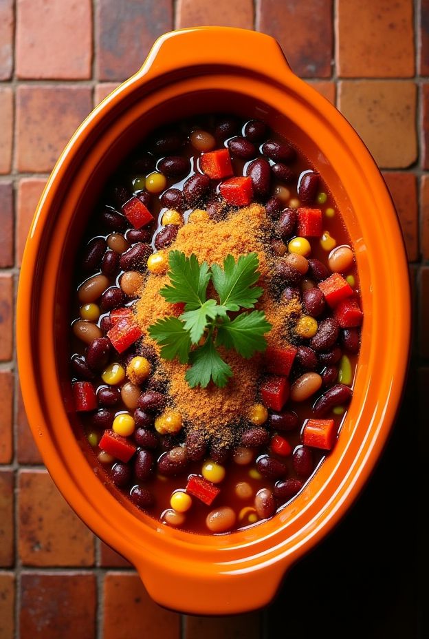 A vibrant Southwest Three-Bean Medley in a crockpot featuring black beans, kidney beans, pinto beans, corn, and spices.
