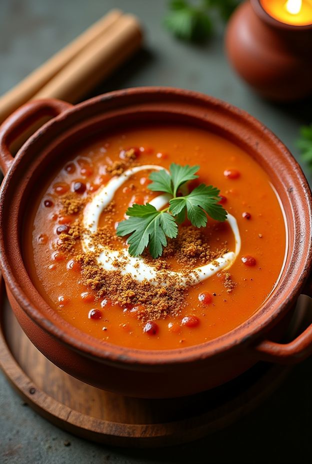 A bowl of spiced red lentil and tomato soup topped with yogurt and fresh parsley, showcasing vibrant colors and rich textures.