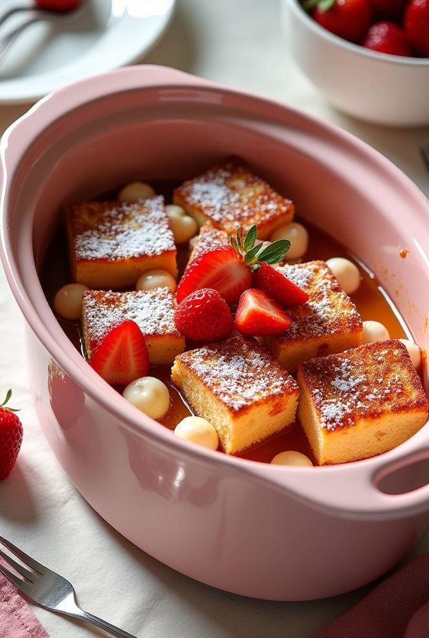 Thick-sliced Strawberry Cream Cheese French Toast made in a crockpot, garnished with fresh strawberries.