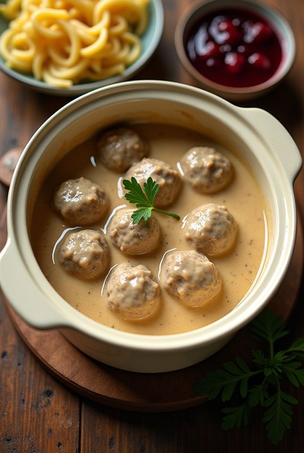 Creamy Swedish meatballs in a crockpot served with egg noodles and lingonberry jam.