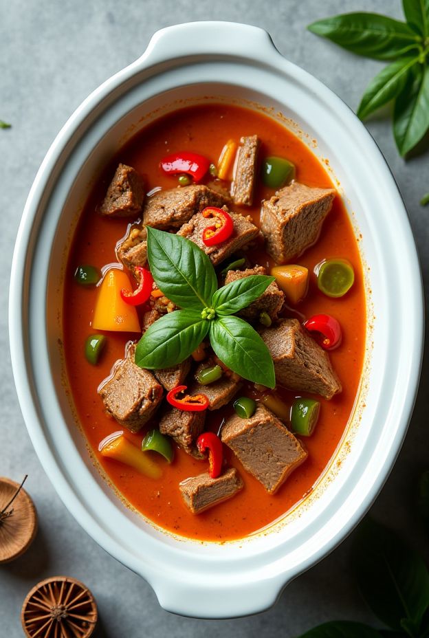 A delicious Thai Red Curry Beef & Vegetables dish in a coconut red curry sauce.