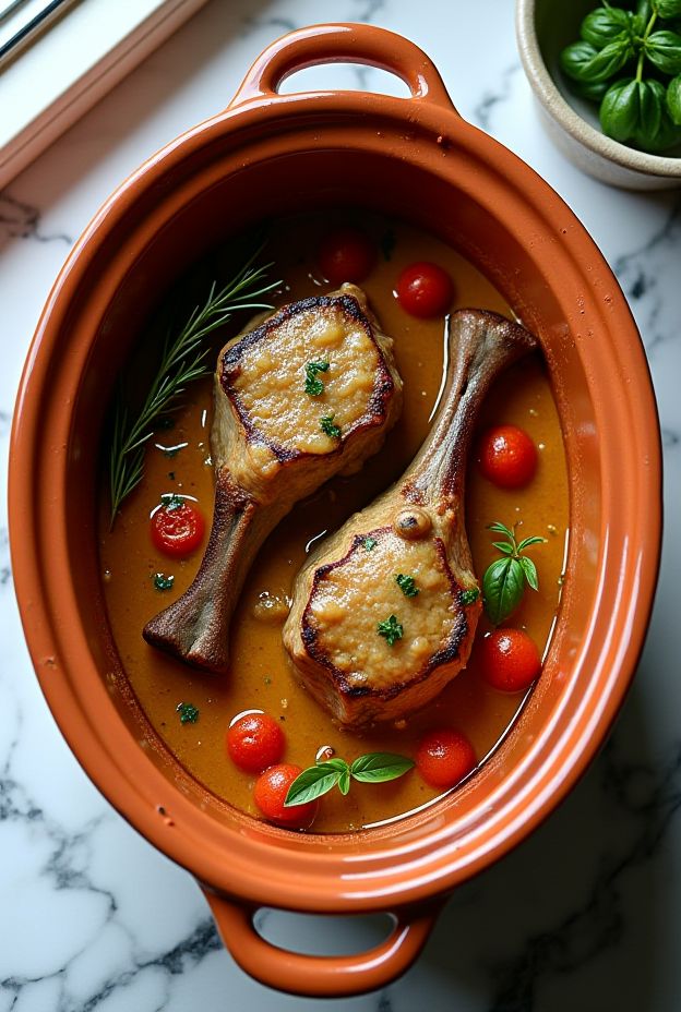 Crockpot Tuscan Braised Veal Shanks with rich sauce and fresh herbs.