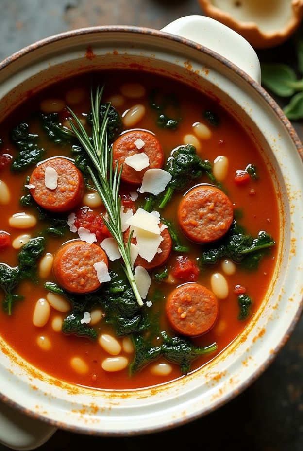 A hearty Tuscan Sausage & White Bean Stew with spinach, Italian sausage, and beans in a flavorful garlic broth.