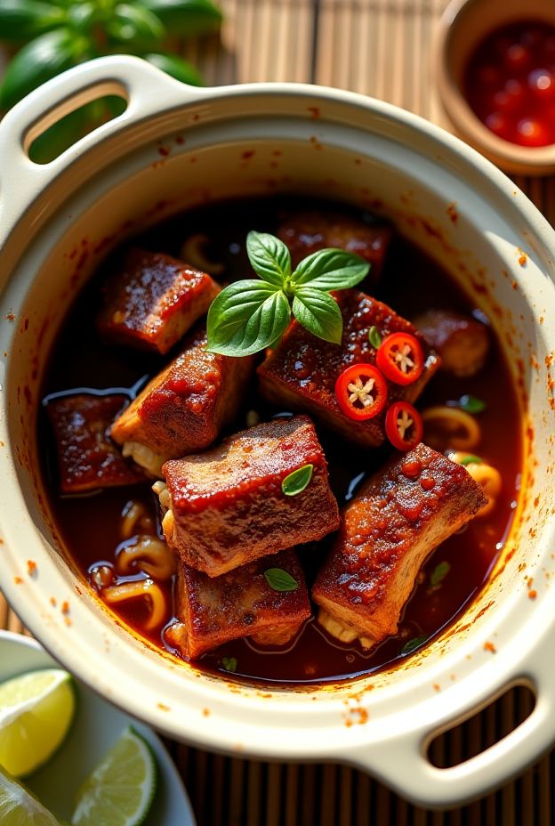 Delicious Vietnamese Caramelized Pork Ribs in a crockpot, featuring rich flavors and a glossy sauce.