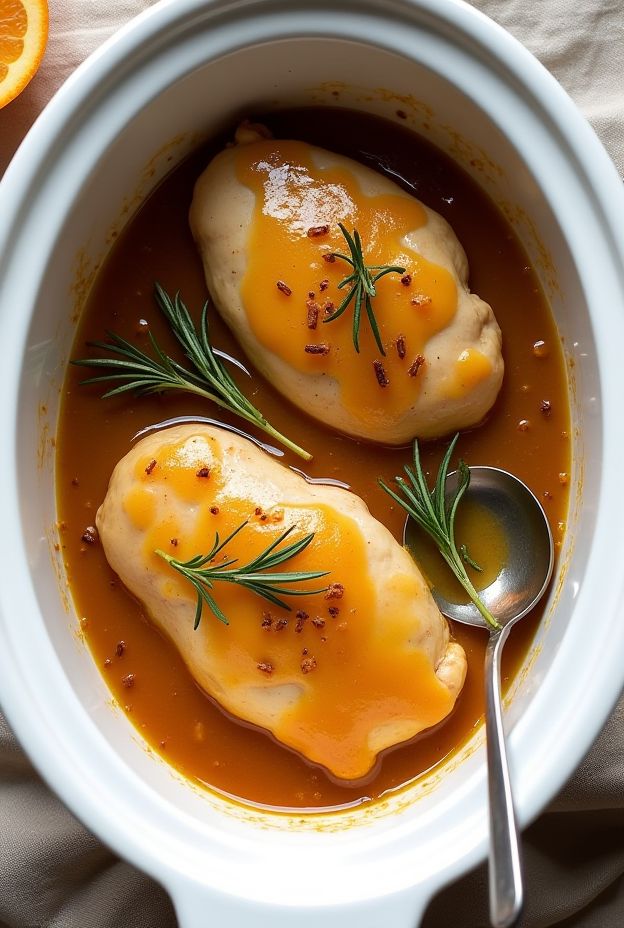 Tender slow-cooked chicken breasts glazed with apricot preserves and Dijon mustard, garnished with rosemary.