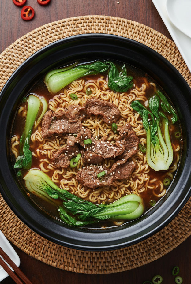 A delicious slow cooker Asian beef and noodle bowl with bok choy, garnished with sesame seeds and green onions.